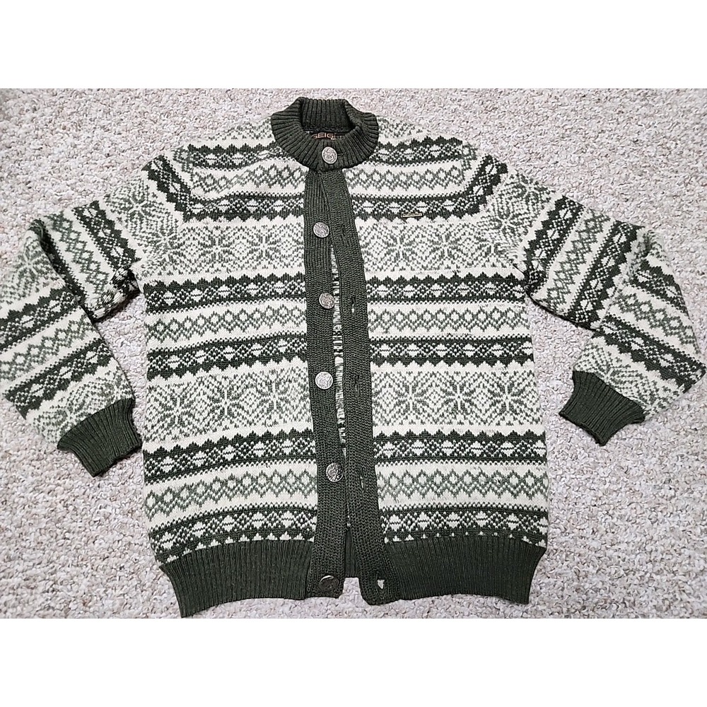 Geiger Tyrol Silver Coin Button Wool Cardigan Olive Fair Isle Sweater Austria 48